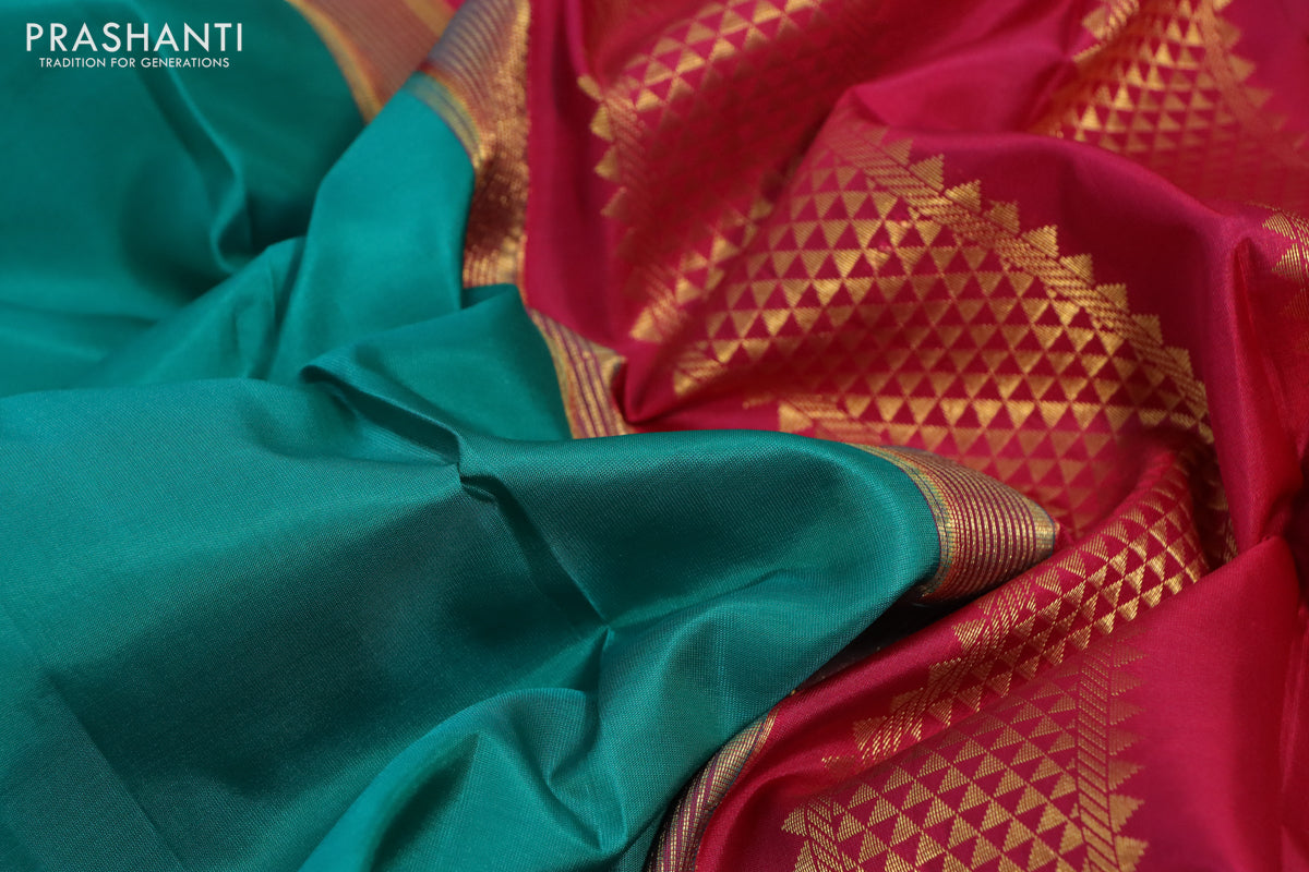 10 Yards silk saree teal green and dark pink with plain body and zari woven korvai border