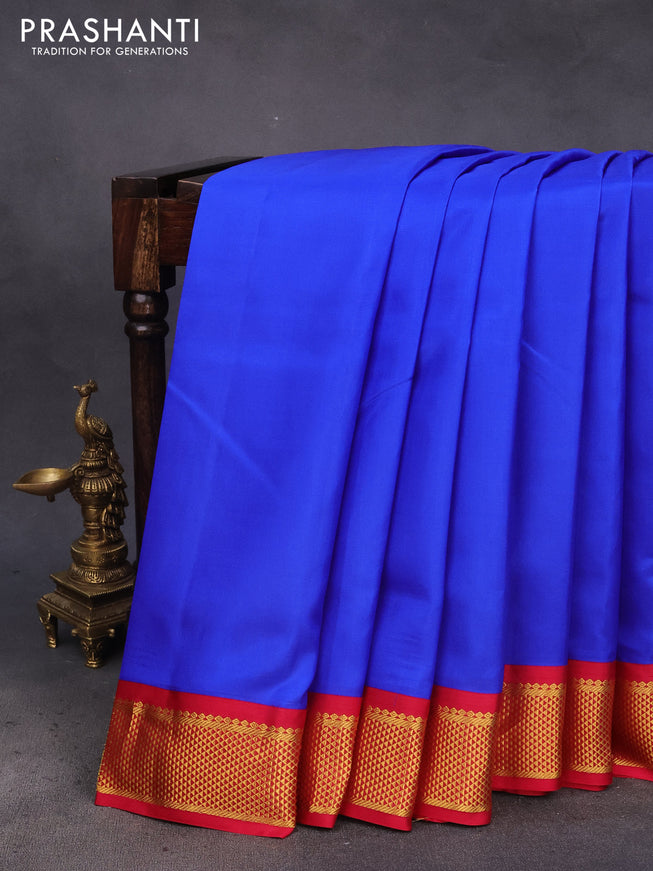 10 Yards silk saree blue and dark pink with plain body and zari woven korvai border