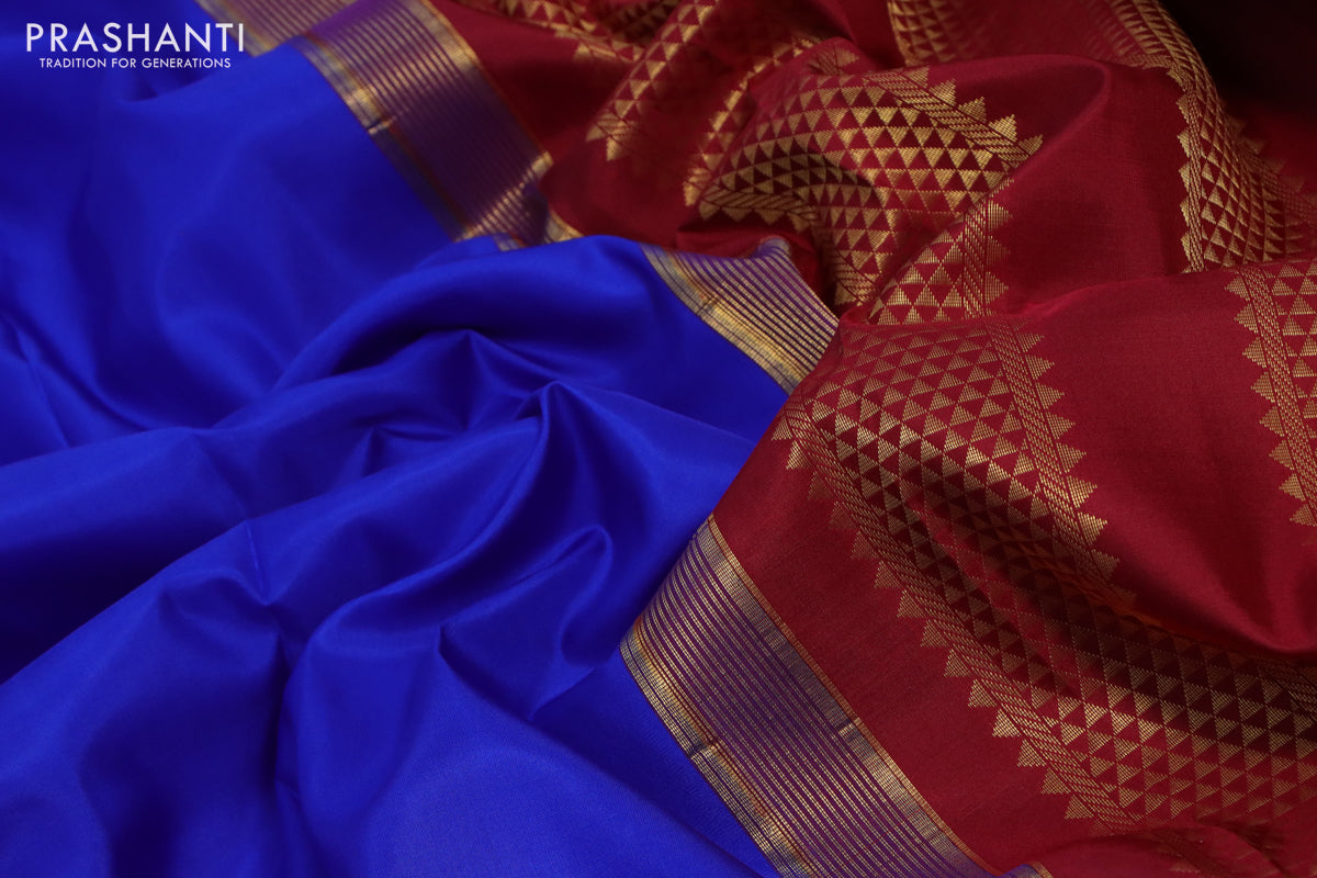 10 Yards silk saree blue and dark pink with plain body and zari woven korvai border