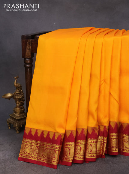 10 Yards silk saree mango yellow and maroon with plain body and temple design annam zari woven border