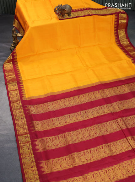 10 Yards silk saree mango yellow and maroon with plain body and temple design annam zari woven border