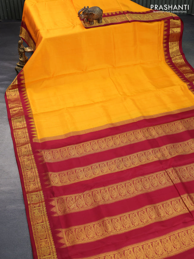 10 Yards silk saree mango yellow and maroon with plain body and temple design annam zari woven border