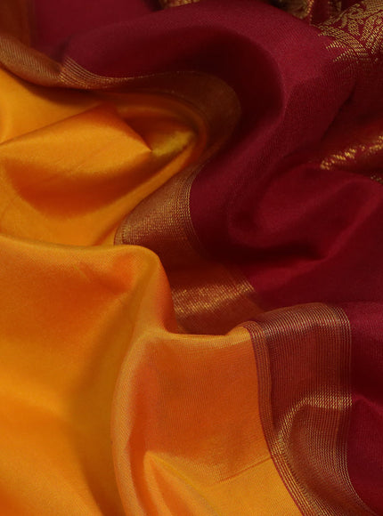 10 Yards silk saree mango yellow and maroon with plain body and temple design annam zari woven border