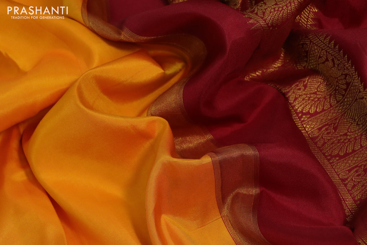 10 Yards silk saree mango yellow and maroon with plain body and temple design annam zari woven border