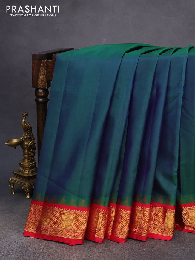 10 Yards silk saree dual shade of bluish green and pink with plain body and temple design zari woven border