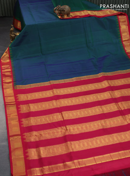 10 Yards silk saree dual shade of bluish green and pink with plain body and temple design zari woven border