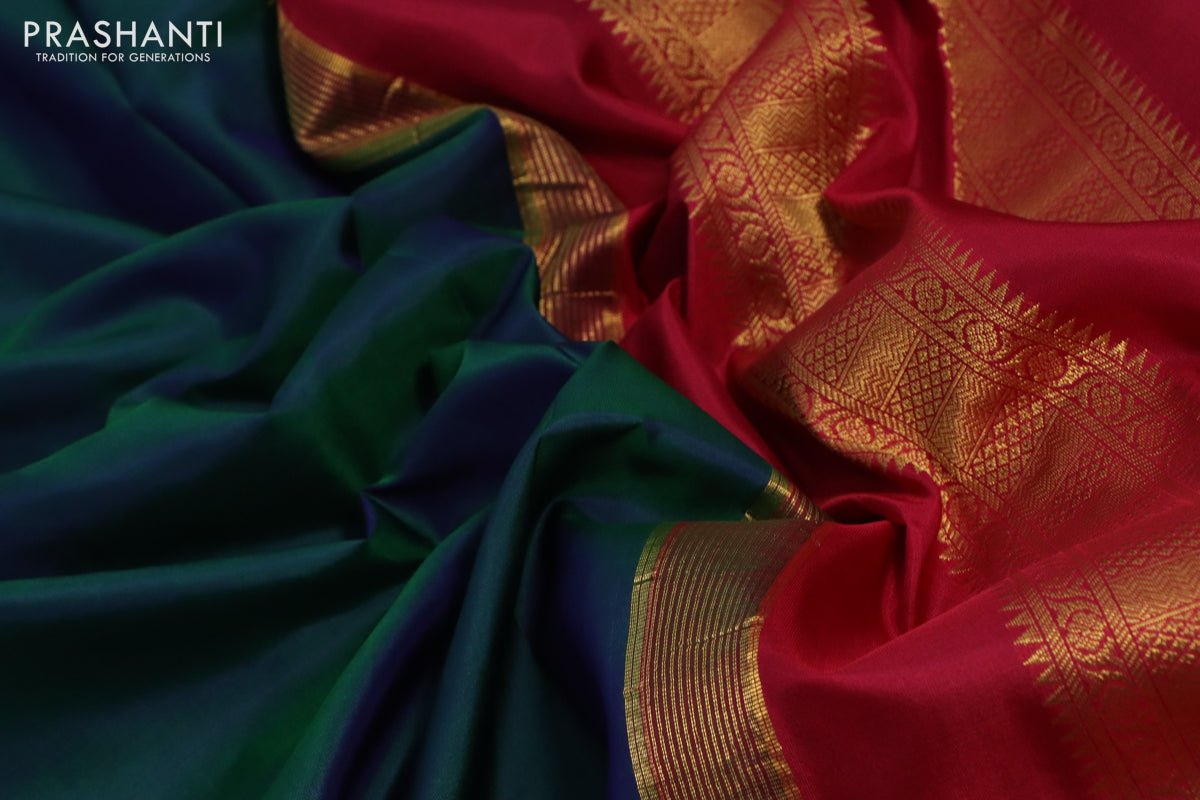 10 Yards silk saree dual shade of bluish green and pink with plain body and temple design zari woven border