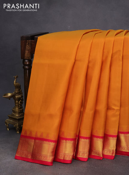 10 Yards silk saree mustard yellow and pink with plain body and temple design zari woven border