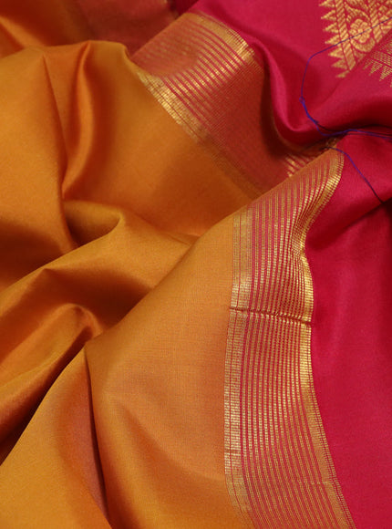 10 Yards silk saree mustard yellow and pink with plain body and temple design zari woven border