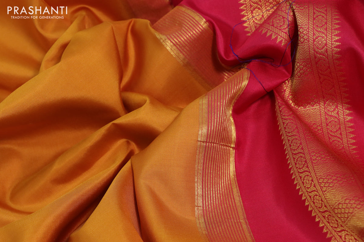 10 Yards silk saree mustard yellow and pink with plain body and temple design zari woven border