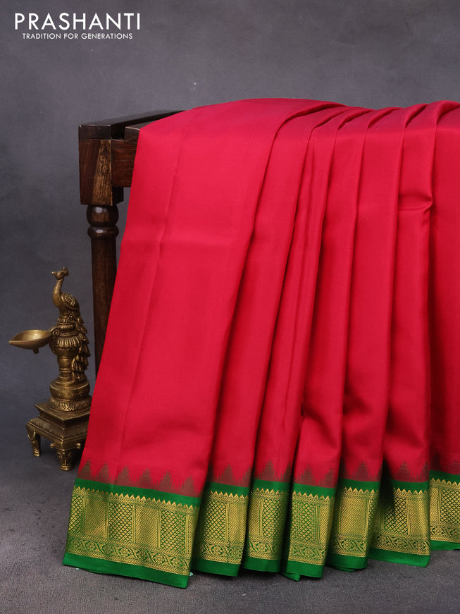 10 Yards silk saree pink and green with plain body and temple design zari woven border