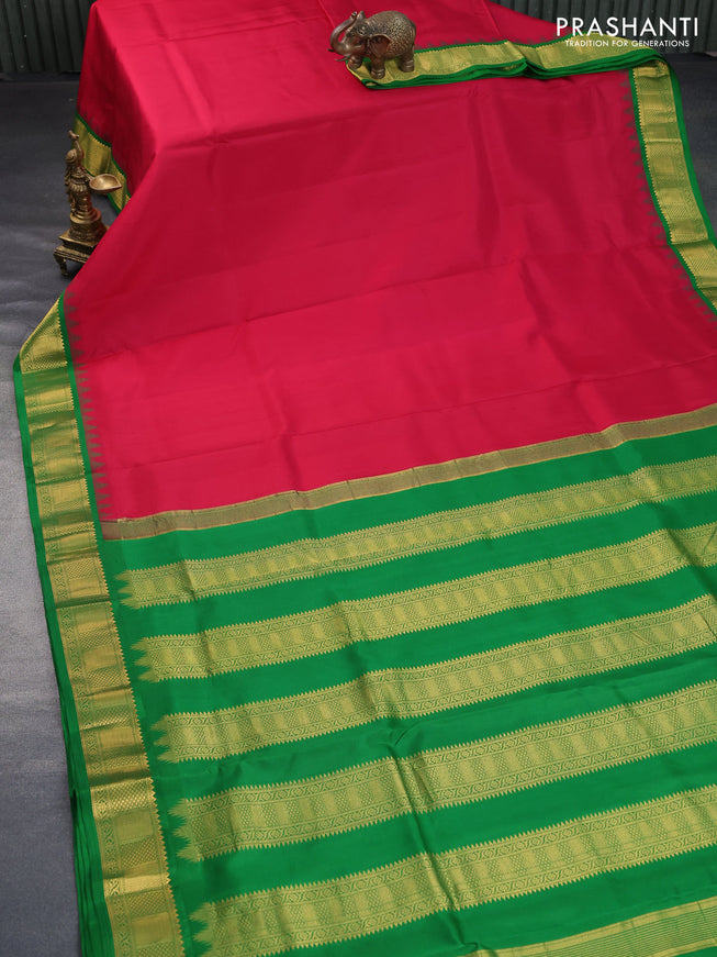 10 Yards silk saree pink and green with plain body and temple design zari woven border