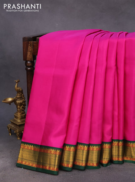 10 Yards silk saree dark pink and green with plain body and zari woven korvai border