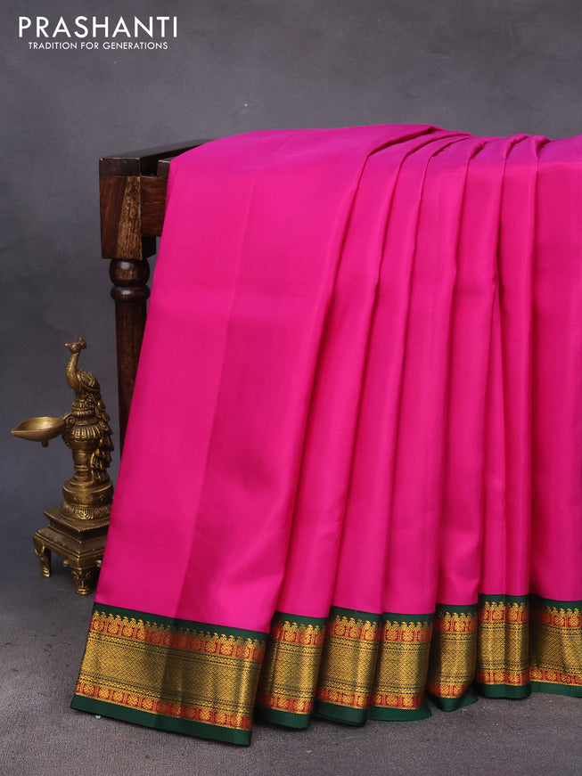 10 Yards silk saree dark pink and green with plain body and zari woven korvai border