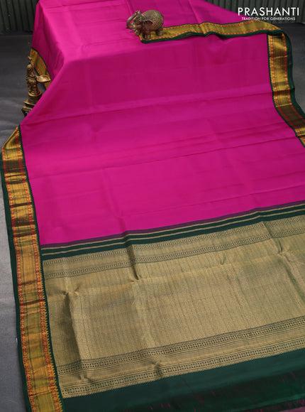 10 Yards silk saree dark pink and green with plain body and zari woven korvai border