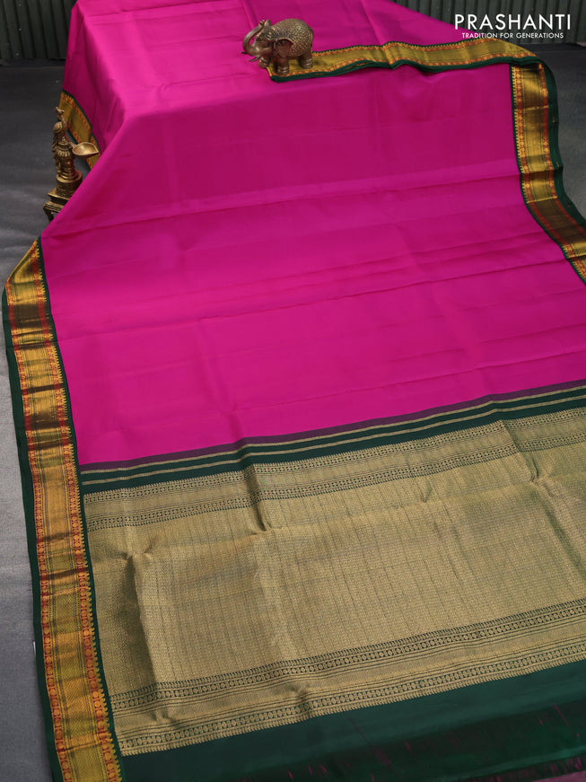 10 Yards silk saree dark pink and green with plain body and zari woven korvai border