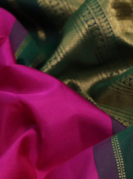 10 Yards silk saree dark pink and green with plain body and zari woven korvai border