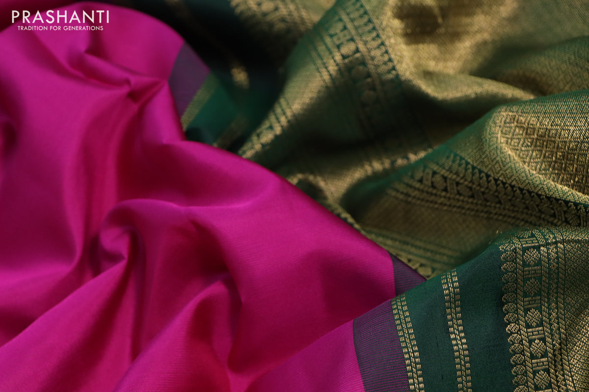 10 Yards silk saree dark pink and green with plain body and zari woven korvai border