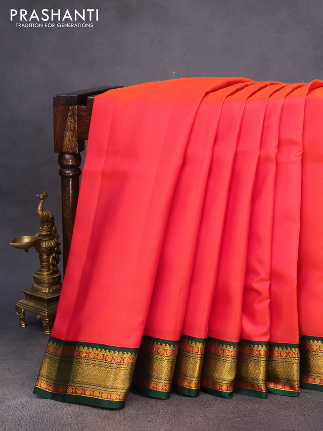 10 Yards silk saree dual shade of pinkish orange and green with plain body and zari woven korvai border