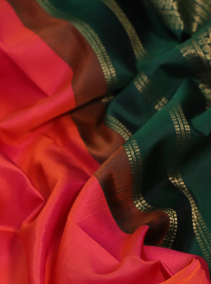 10 Yards silk saree dual shade of pinkish orange and green with plain body and zari woven korvai border