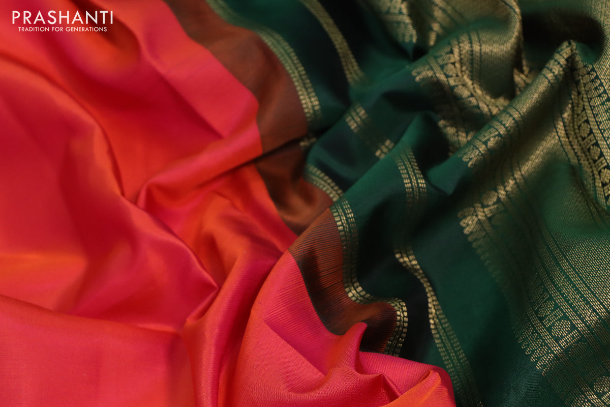 10 Yards silk saree dual shade of pinkish orange and green with plain body and zari woven korvai border