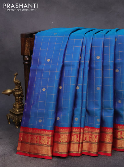 10 Yards silk saree cs blue and red with allover zari checks & buttas and zari woven annam design korvai border