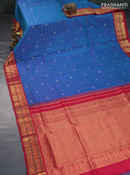 10 Yards silk saree cs blue and red with allover zari checks & buttas and zari woven annam design korvai border