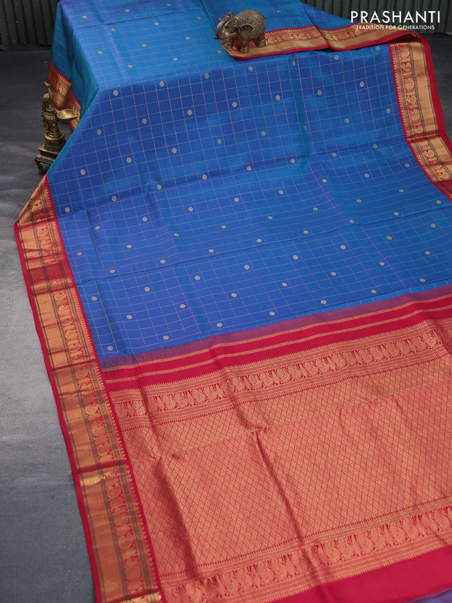 10 Yards silk saree cs blue and red with allover zari checks & buttas and zari woven annam design korvai border