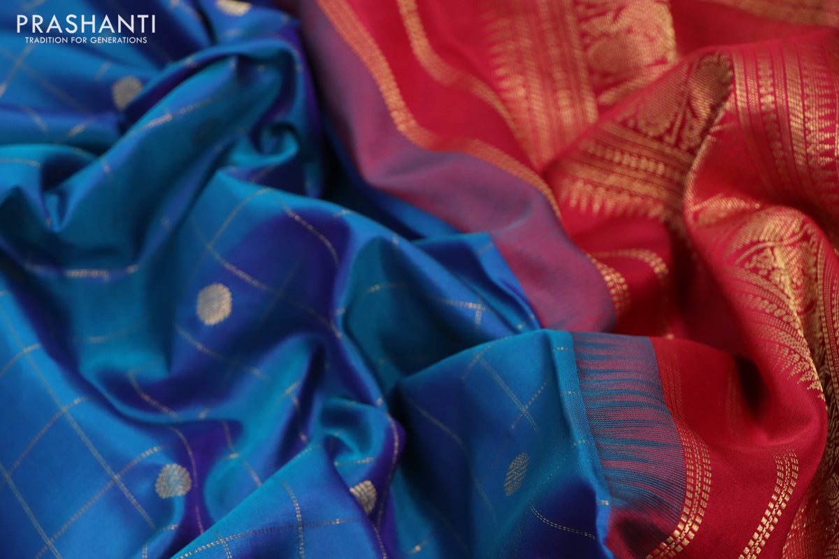 10 Yards silk saree cs blue and red with allover zari checks & buttas and zari woven annam design korvai border