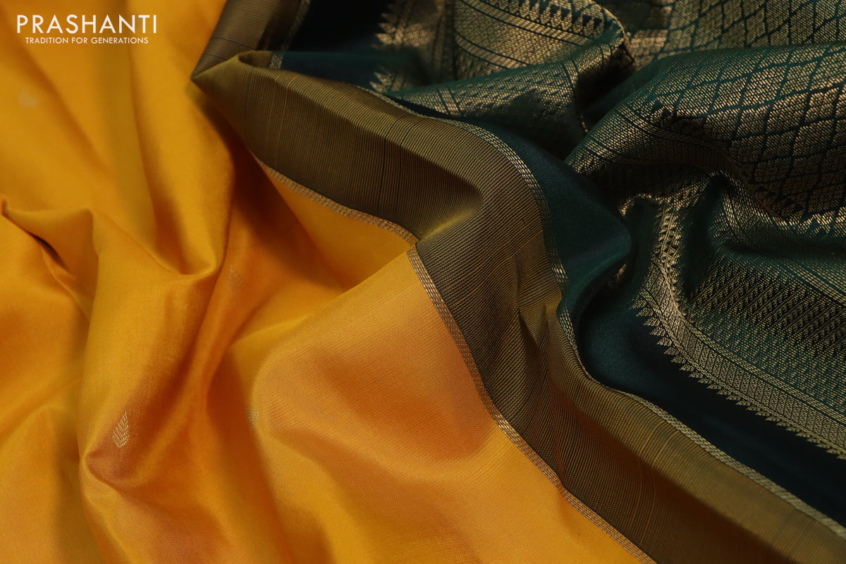 10 Yards silk saree mustard yellow and green with zari woven buttas and zari woven korvai border