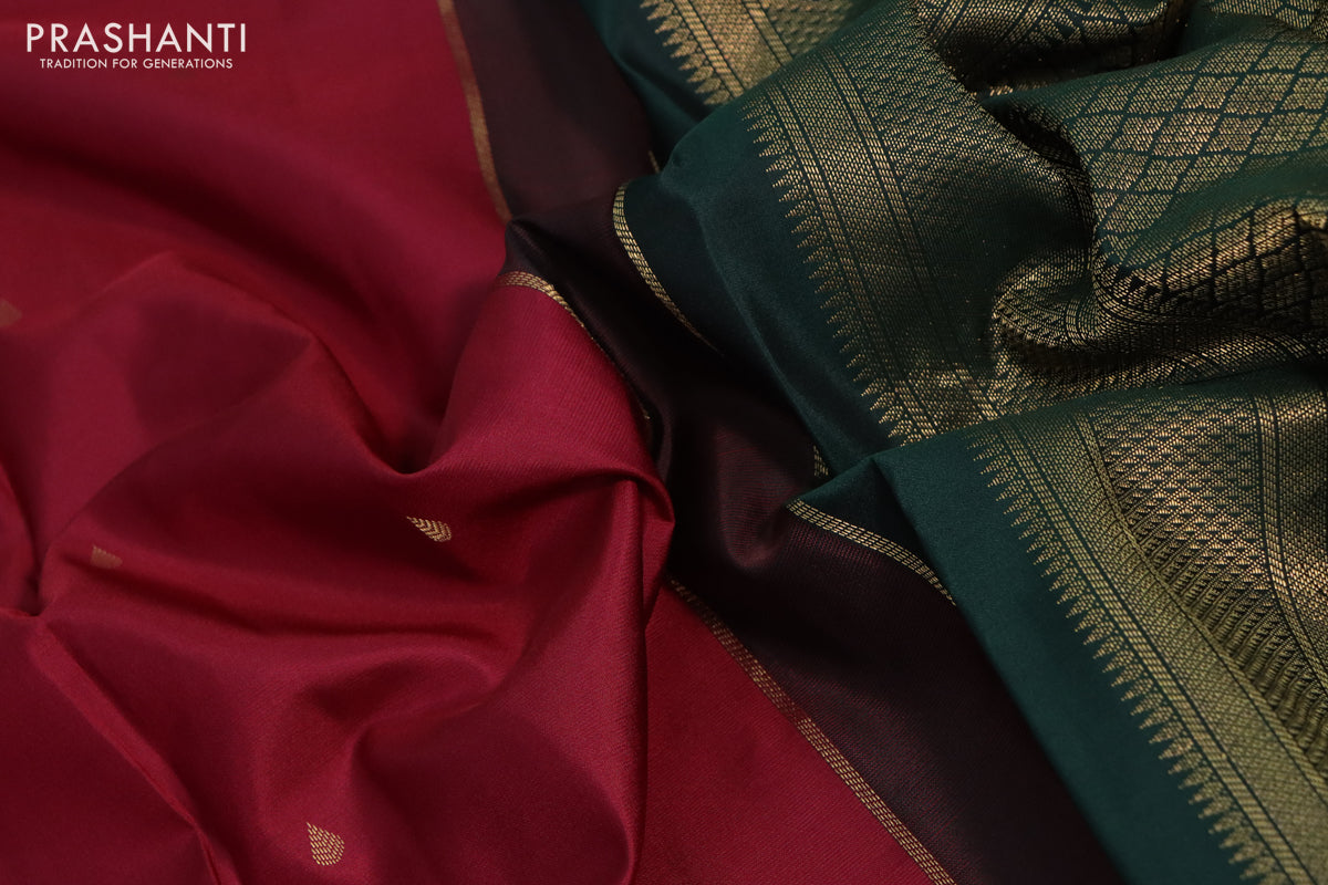 10 Yards silk saree maroon and green with zari woven buttas and zari woven korvai border