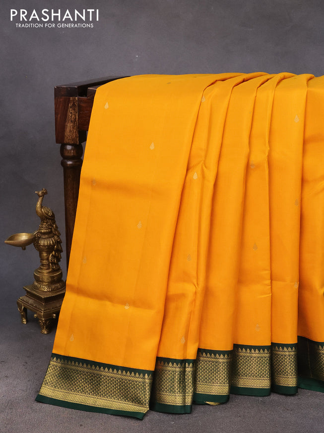 10 Yards silk saree mustard yellow and green with zari woven buttas and zari woven korvai border