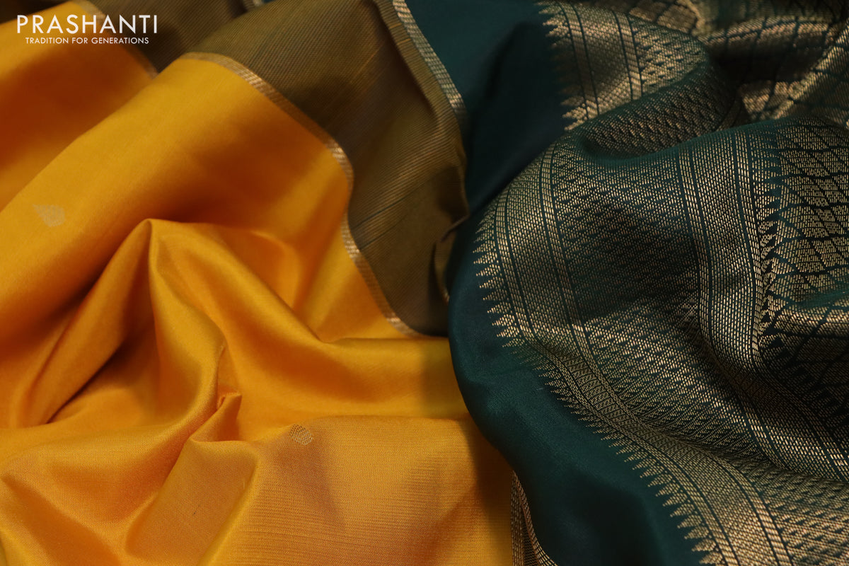 10 Yards silk saree mustard yellow and green with zari woven buttas and zari woven korvai border