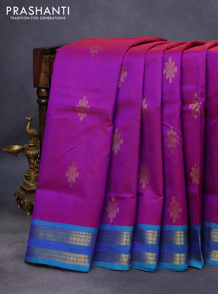 10 Yards silk cotton saree dual shade of bluish maroon and teal blue with zari woven buttas and zari woven border