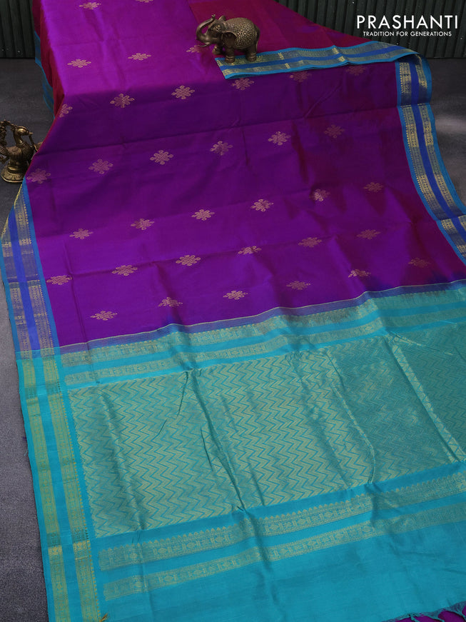 10 Yards silk cotton saree dual shade of bluish maroon and teal blue with zari woven buttas and zari woven border