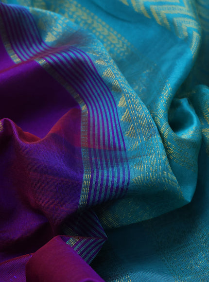 10 Yards silk cotton saree dual shade of bluish maroon and teal blue with zari woven buttas and zari woven border