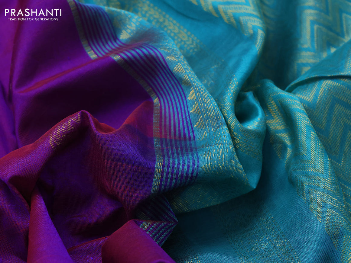 10 Yards silk cotton saree dual shade of bluish maroon and teal blue with zari woven buttas and zari woven border