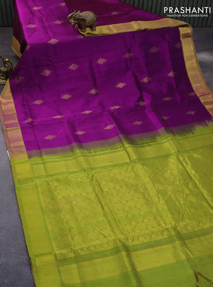 10 Yards silk cotton saree purple and light green with zari woven buttas and zari woven border