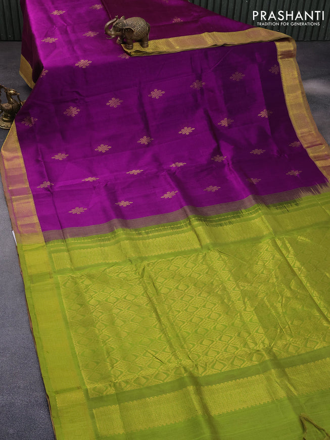 10 Yards silk cotton saree purple and light green with zari woven buttas and zari woven border