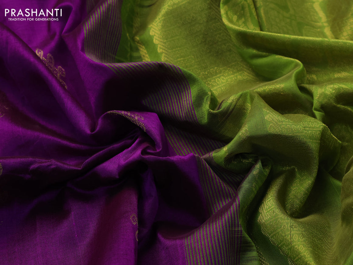 10 Yards silk cotton saree purple and light green with zari woven buttas and zari woven border