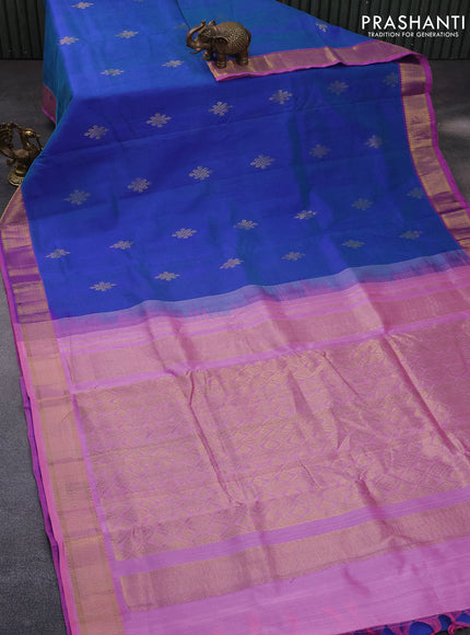 10 Yards silk cotton saree blue and light pink with zari woven buttas and zari woven border