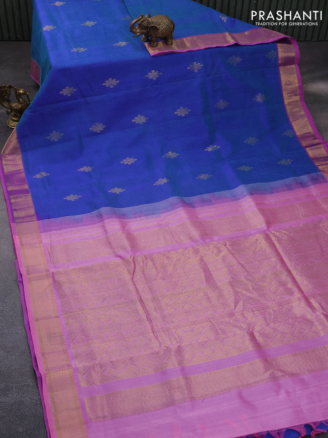 10 Yards silk cotton saree blue and light pink with zari woven buttas and zari woven border