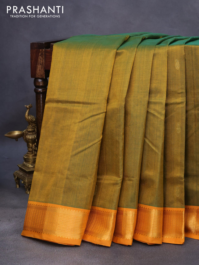 10 Yards silk cotton saree mustard green and mustard yellow with paisley zari woven buttas and zari woven border