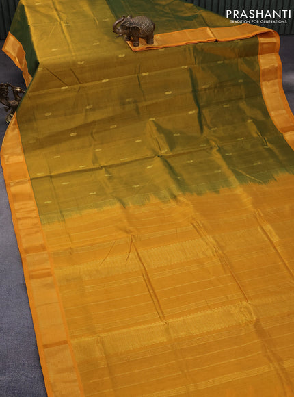 10 Yards silk cotton saree mustard green and mustard yellow with paisley zari woven buttas and zari woven border