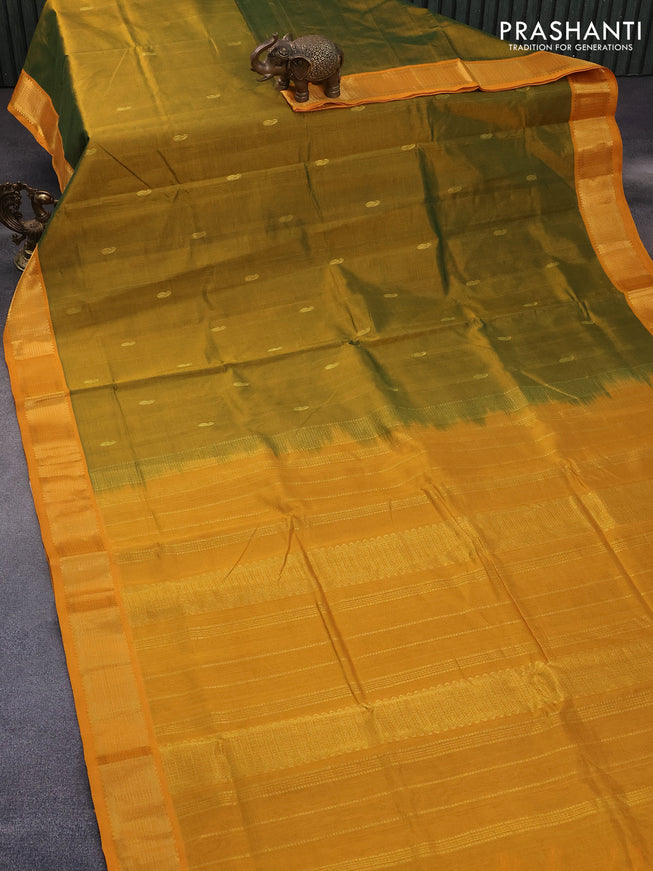 10 Yards silk cotton saree mustard green and mustard yellow with paisley zari woven buttas and zari woven border