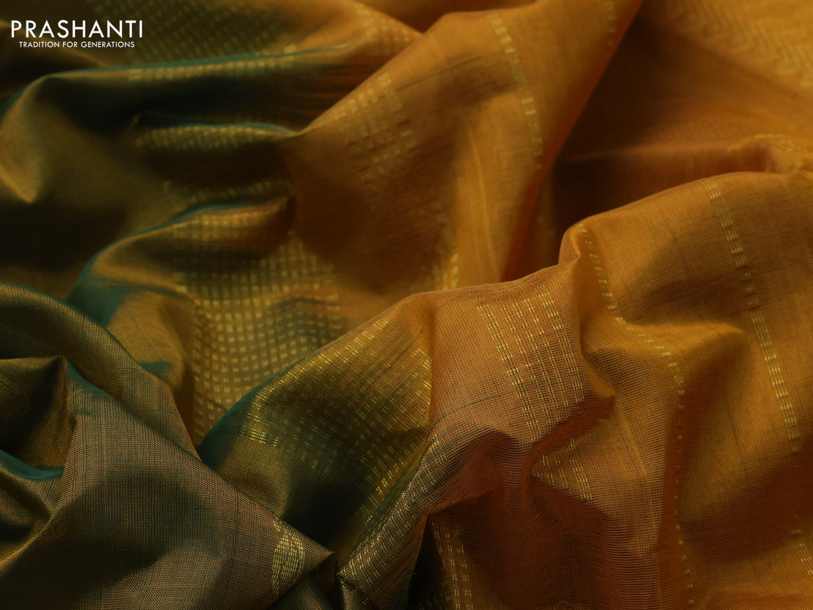 10 Yards silk cotton saree mustard green and mustard yellow with paisley zari woven buttas and zari woven border