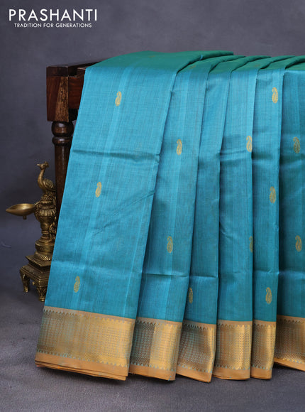 10 Yards silk cotton saree teal blue and mustard yellow with paisley zari woven buttas and zari woven border