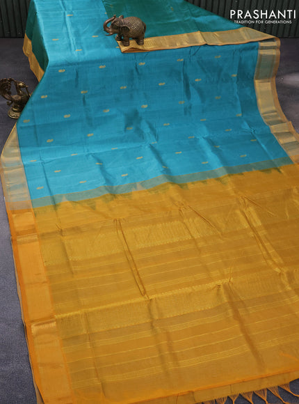 10 Yards silk cotton saree teal blue and mustard yellow with paisley zari woven buttas and zari woven border