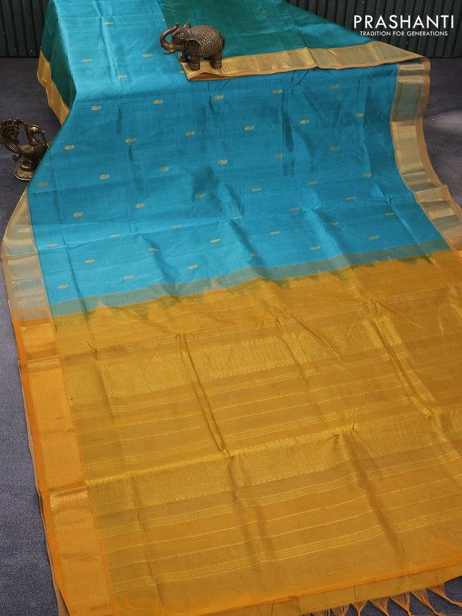 10 Yards silk cotton saree teal blue and mustard yellow with paisley zari woven buttas and zari woven border