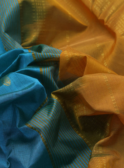 10 Yards silk cotton saree teal blue and mustard yellow with paisley zari woven buttas and zari woven border